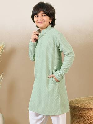 stylish chikankari embroidered green kurta for boys 5