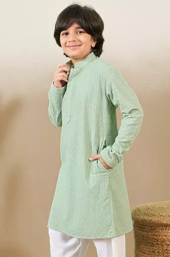 stylish chikankari embroidered green kurta for boys