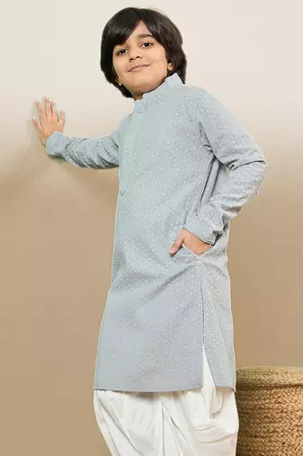 stylish chikankari embroidered grey kurta for boys