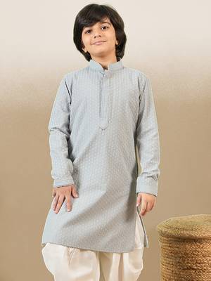 stylish chikankari embroidered grey kurta for boys 3