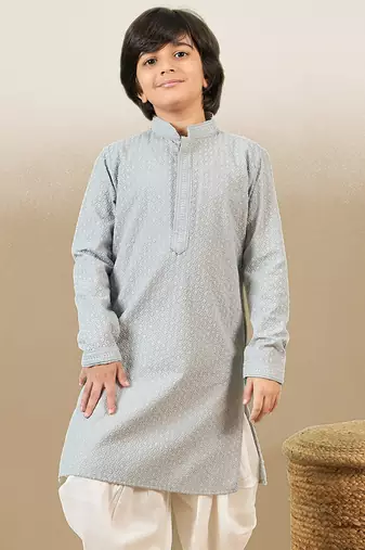 stylish chikankari embroidered grey kurta for boys