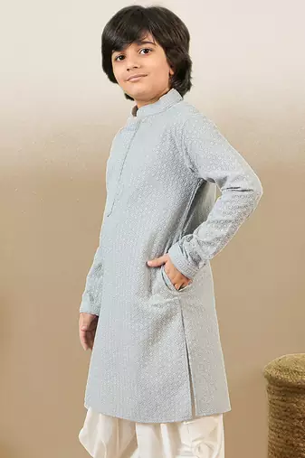 stylish chikankari embroidered grey kurta for boys