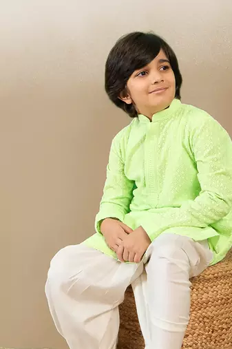stylish chikankari embroidered light green kurta for boys