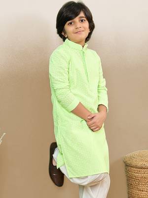stylish chikankari embroidered light green kurta for boys 3