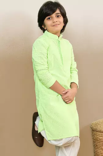 stylish chikankari embroidered light green kurta for boys