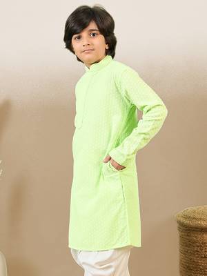 stylish chikankari embroidered light green kurta for boys 5