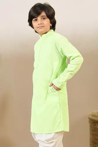 stylish chikankari embroidered light green kurta for boys