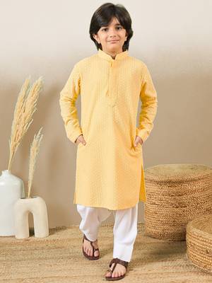 Premium cotton chikankari embroidered yellow kurta 1