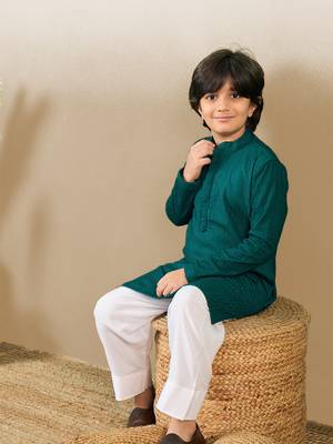 stylish chikankari embroidered deep green kurta for boys 1