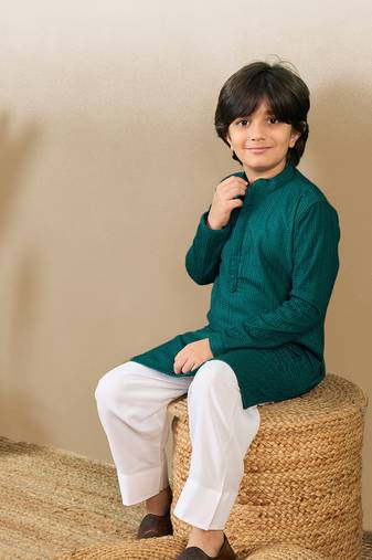 stylish chikankari embroidered deep green kurta for boys