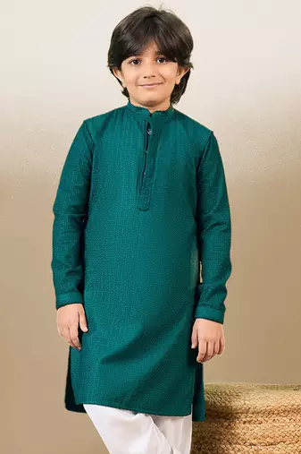 stylish chikankari embroidered deep green kurta for boys