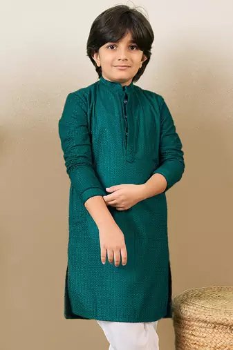 stylish chikankari embroidered deep green kurta for boys