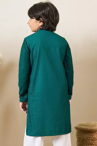 stylish chikankari embroidered deep green kurta for boys