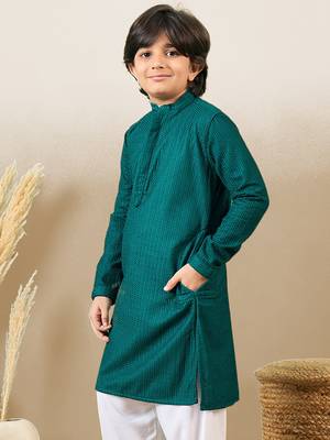 stylish chikankari embroidered deep green kurta for boys 5
