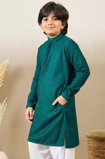 stylish chikankari embroidered deep green kurta for boys