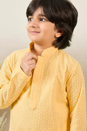 Premium cotton chikankari embroidered yellow kurta set