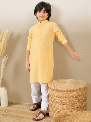 Premium cotton chikankari embroidered yellow kurta set 1