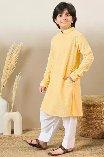 Premium cotton chikankari embroidered yellow kurta set