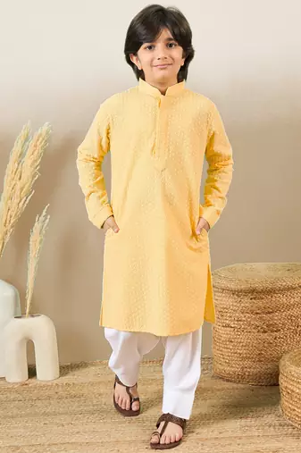 Premium cotton chikankari embroidered yellow kurta set