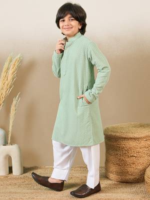 Stylish chikankari embroidered green kurta set 3