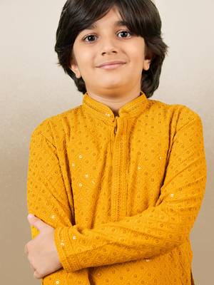 Boys designer chikankari & sequinned yellow kurta set 2