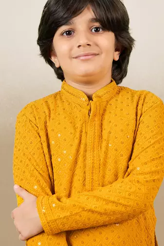 Boys designer chikankari & sequinned yellow kurta set