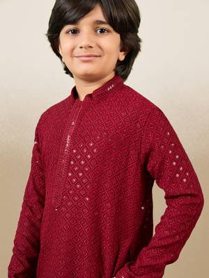 Boys designer chikankari & sequinned maroon kurta set 1