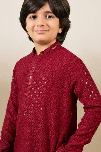 Boys designer chikankari & sequinned maroon kurta set