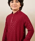 Boys designer chikankari & sequinned maroon kurta set
