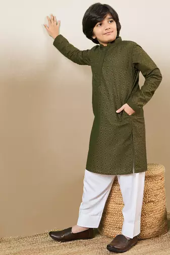 Stylish chikankari embroidered mehendi green kurta set