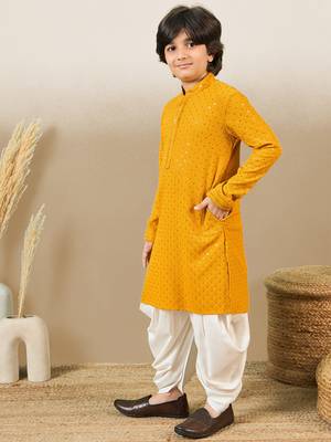 Boys designer chikankari & sequinned yellow kurta set 3