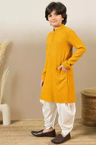 Boys designer chikankari & sequinned yellow kurta set