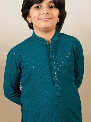 Boys designer chikankari & sequinned firozi green kurta set 2