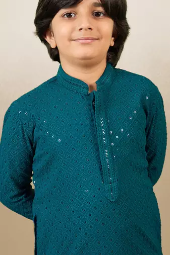 Boys designer chikankari & sequinned firozi green kurta set
