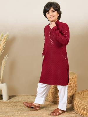 Boys designer chikankari & sequinned maroon kurta set 2