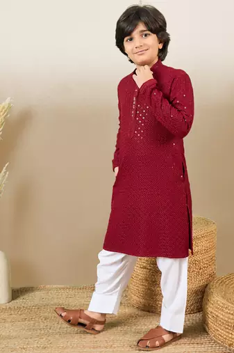 Boys designer chikankari & sequinned maroon kurta set