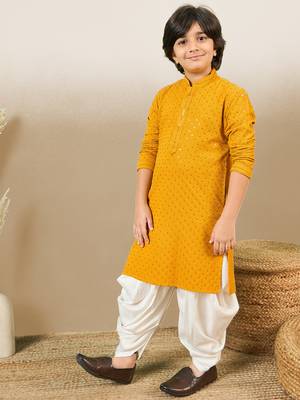 Boys designer chikankari & sequinned yellow kurta set 4