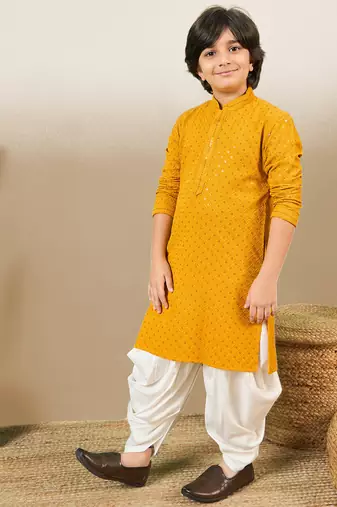Boys designer chikankari & sequinned yellow kurta set