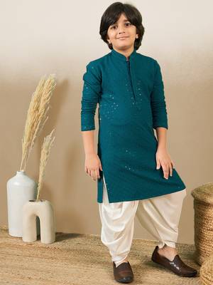 Boys designer chikankari & sequinned firozi green kurta set 1
