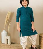 Boys designer chikankari & sequinned firozi green kurta set