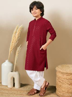 Boys designer chikankari & sequinned maroon kurta set 3