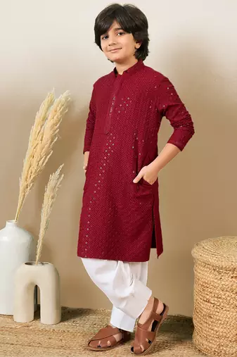 Boys designer chikankari & sequinned maroon kurta set