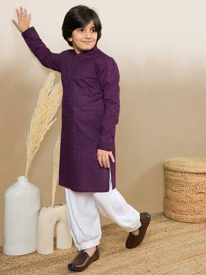 Premium cotton chikankari embroidered purple kurta set 1