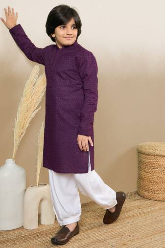 Premium cotton chikankari embroidered purple kurta set
