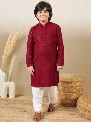 Boys designer chikankari & sequinned maroon kurta set 4