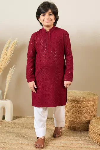 Boys designer chikankari & sequinned maroon kurta set