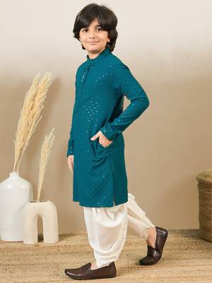 Boys designer chikankari & sequinned firozi green kurta set 3
