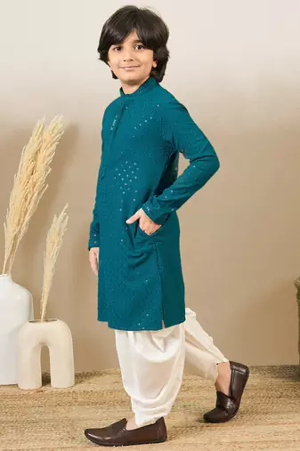 Boys designer chikankari & sequinned firozi green kurta set