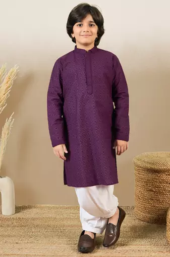 Premium cotton chikankari embroidered purple kurta set