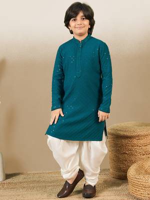 Boys designer chikankari & sequinned firozi green kurta set 4